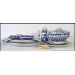 A collection of graduating assorted blue and white meat platters, some in the willow pattern,