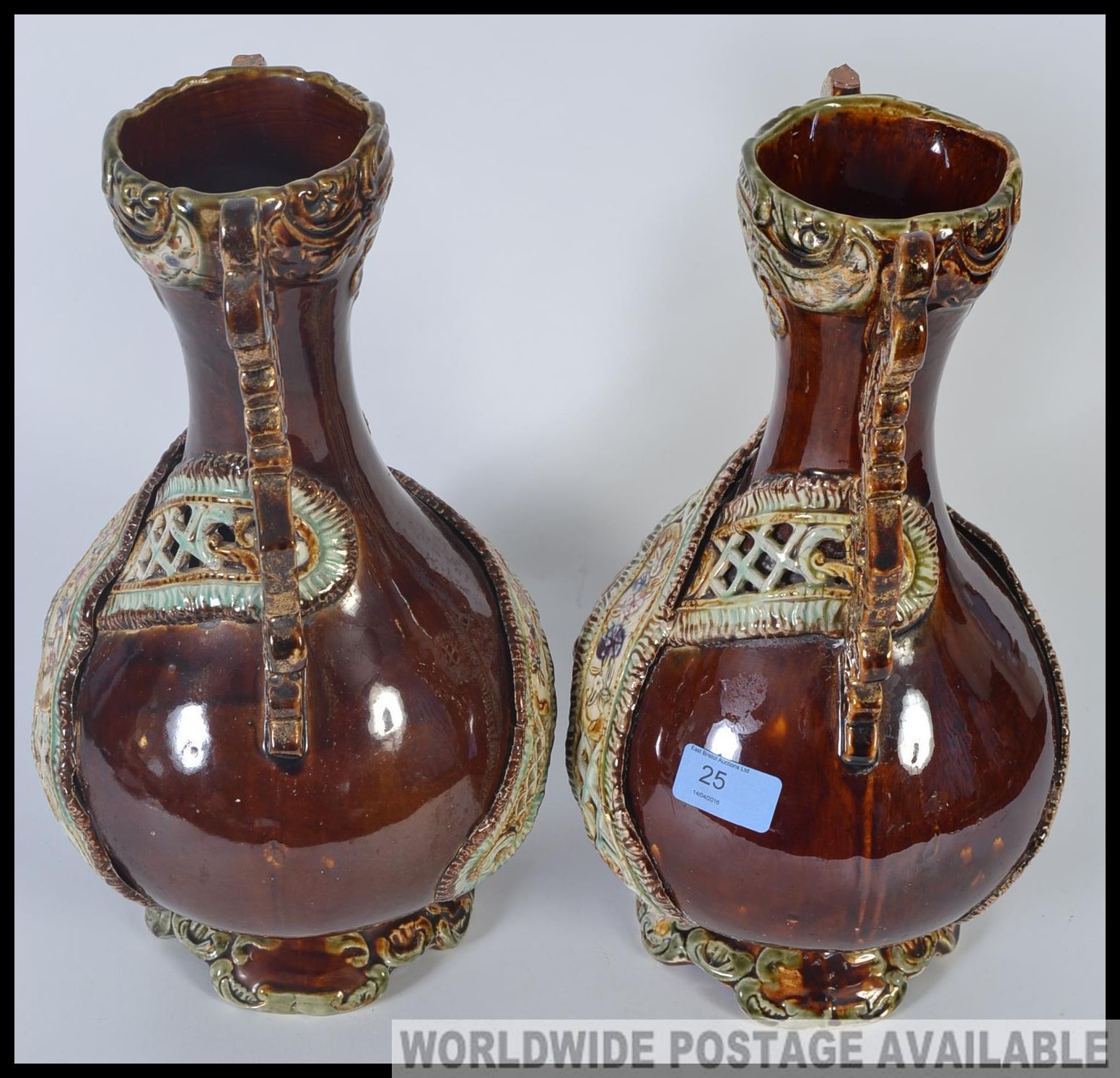 A pair of 19th century bargeware style Majolica vases being stone glazed with embellishments H37cm - Image 4 of 5