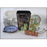 A mixed lot to include a pair of ceramic temple dogs, a retro Japanese tin bin,