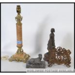 A marble and brass table lamp, Cow and Gate milkmaid dairy figure,