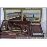 Assorted lot of curios to include a inlaid blotter, knife, table bill, inlaid tray,