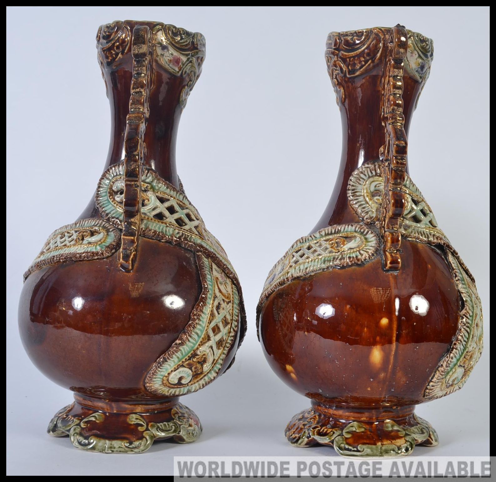 A pair of 19th century bargeware style Majolica vases being stone glazed with embellishments H37cm - Image 2 of 5