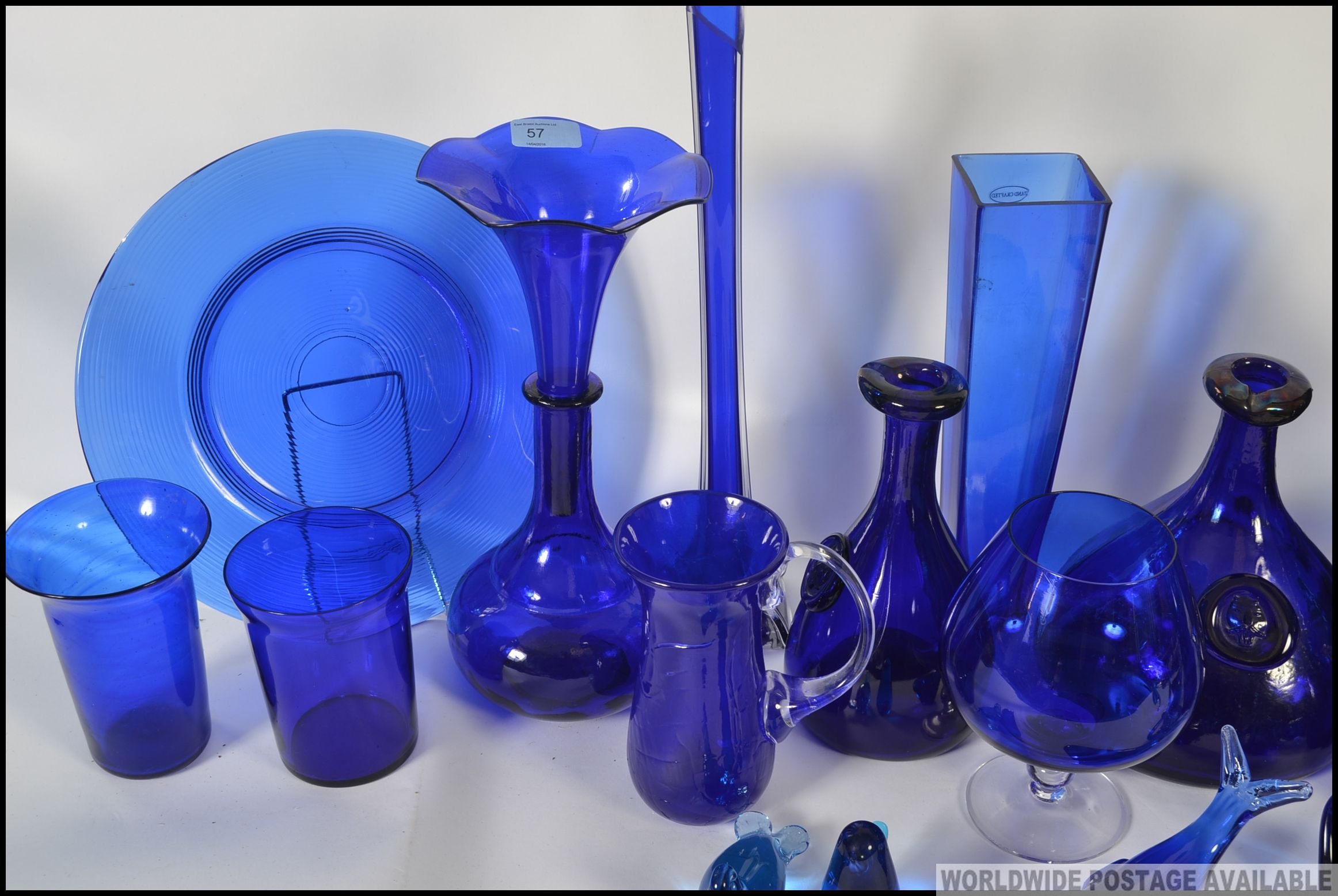 A large collection of blue glass, some possibly Bristol to include vases, decanter, beakers, mugs, - Image 3 of 4