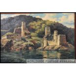 SJ Iredale A large oil on canvas painting of Dartmouth castle within gilt frame having notation box