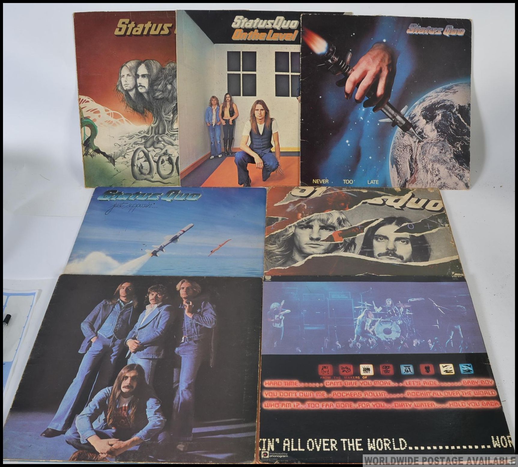 A collection f seven Status Quo vinyl music albums to include Status Quo, On The Level,