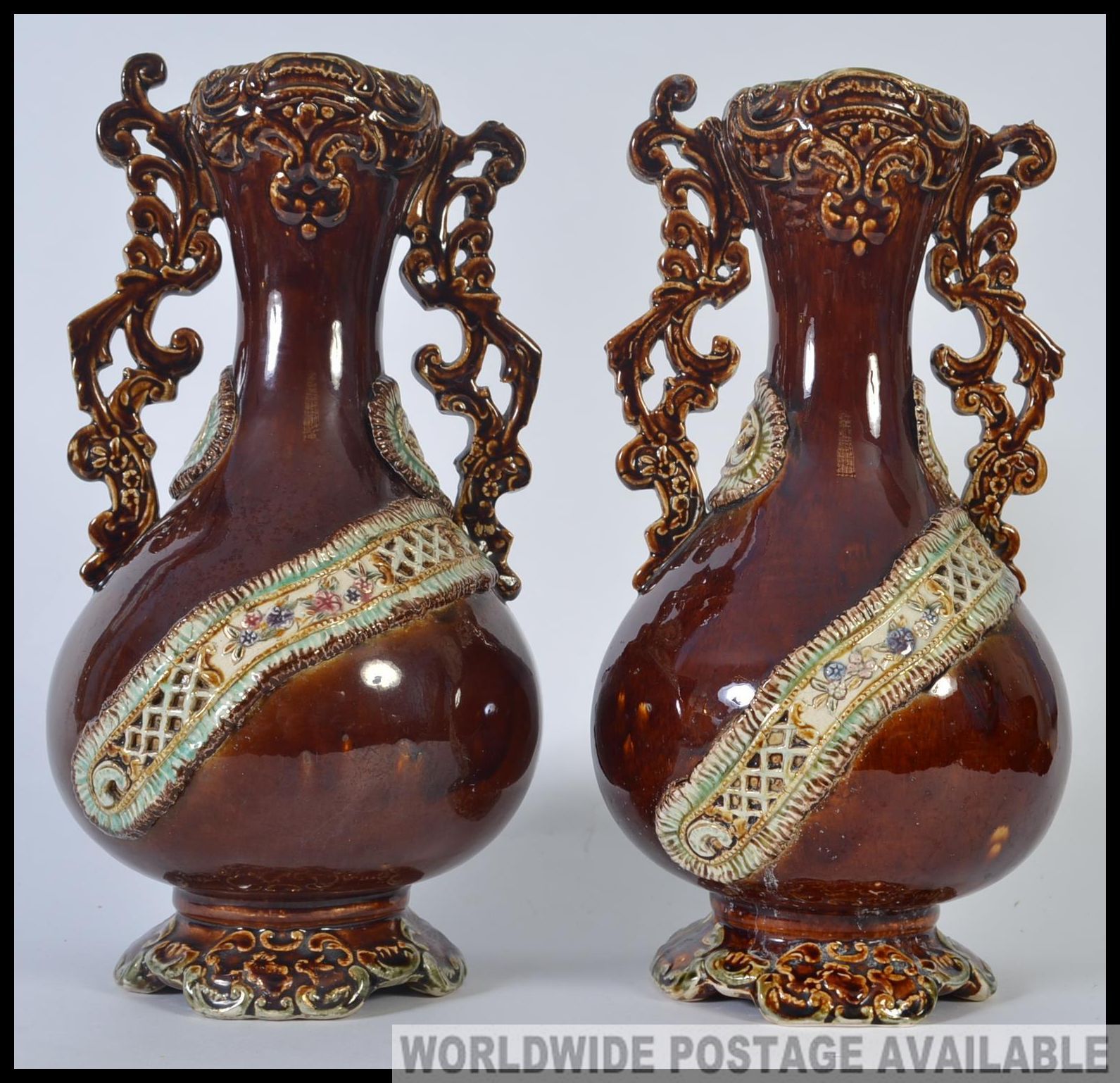 A pair of 19th century bargeware style Majolica vases being stone glazed with embellishments H37cm - Image 3 of 5
