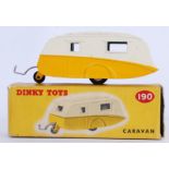 DINKY: An original vintage Dinky Toys 190 Caravan diecast model. Two tone cream and yellow.