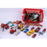 DIECAST: A box of assorted loose diecast to include Hotwheels, Corgi, Matchbox, and others.