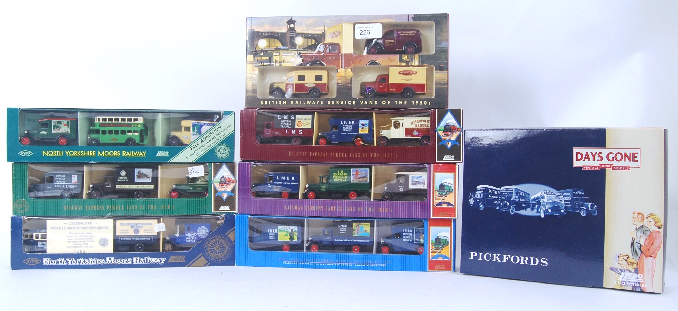 LLEDO: A collection of 8x Lledo diecast model gift sets (all railway related (one a Pickfords set)