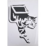 GRAFFITTI: An original piece of artwork - spray graffiti image of a cat entering through a cat box.