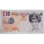 BANSKY DI-FACED TEN POUND NOTE: A believed original Bansky defaced ' di - faced ' British ten pound