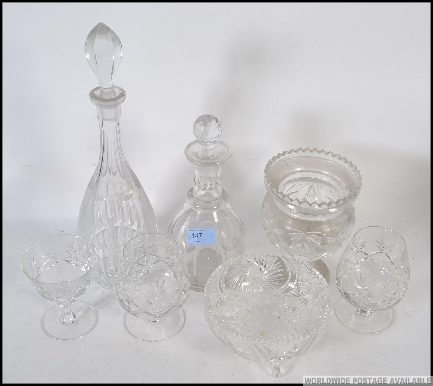 2 cut glass crystal decanters complete w