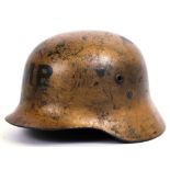 ROMANIAN HELMET: A rare Romanian steel MP Military Police helmet, in gold colouring. MP to front.