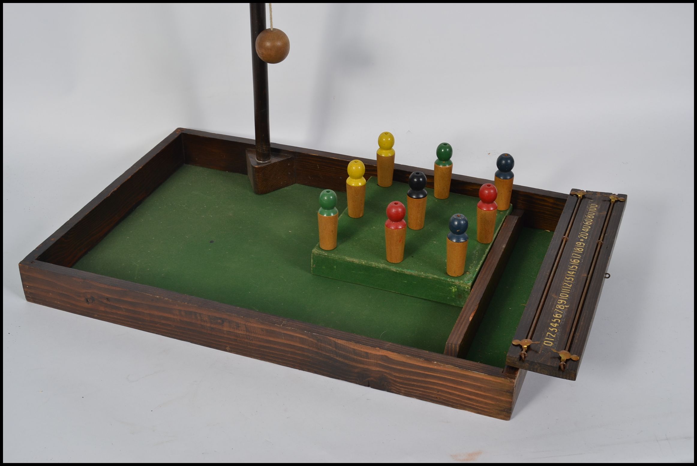 A vintage 20th century bar skittles complete with wooden base, skittles and arms, - Image 2 of 2
