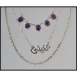 A collection of 3 silver necklace chains to include amethyst set examples all stamped 925.