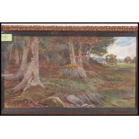 Harry Hime (1863-1933) English school watercolour painting of a woodland scene being signed and