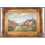 A 20th century large gilt framed oil on canvas painting of a hunting scene with carriage and horses
