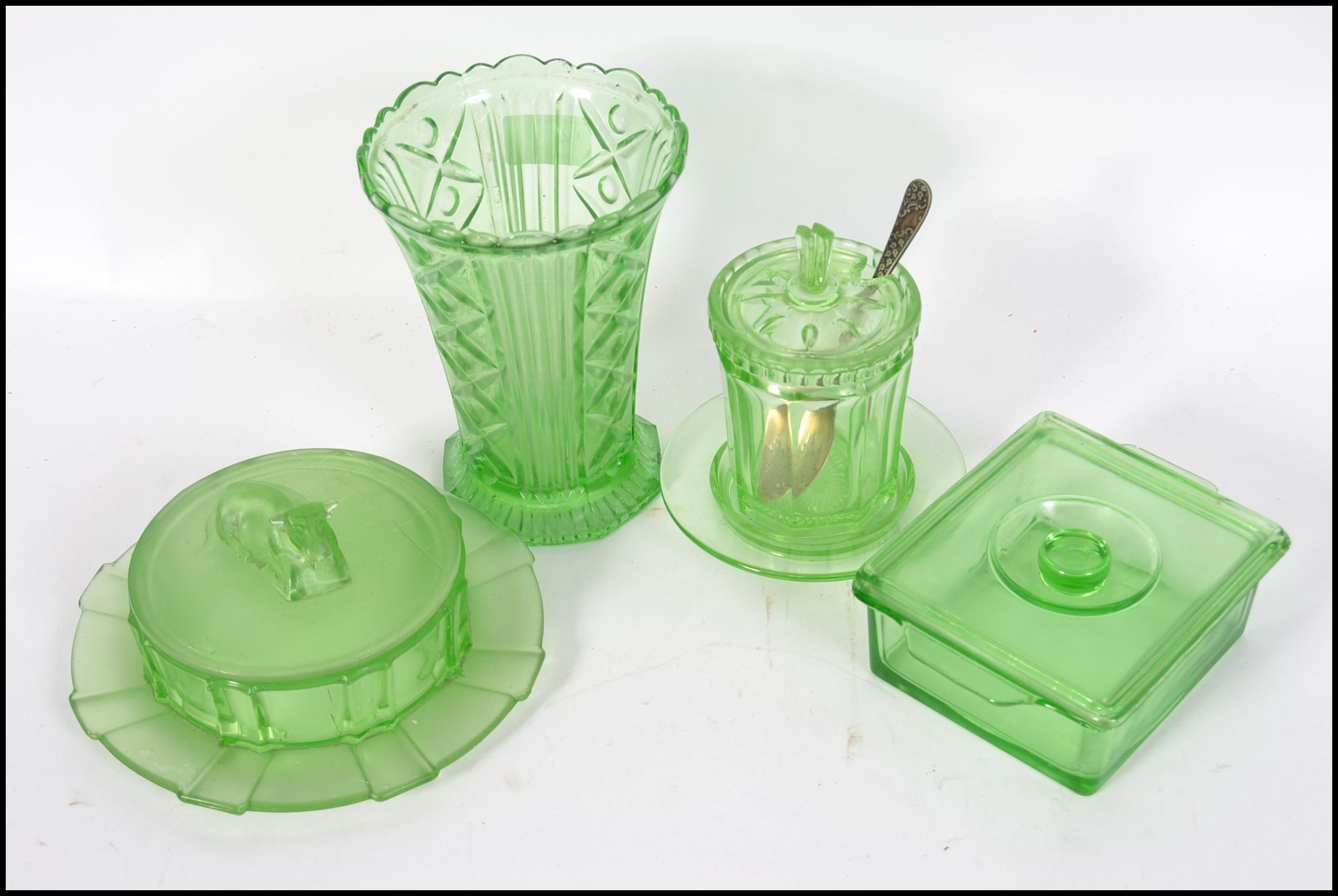 A collection of Art Deco early 20th century green glass / Vaseline pieces to include a stunning - Image 2 of 2