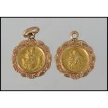 Two 18ct gold religious pendants Marked 750 Tests 18ct. Weight 2g.