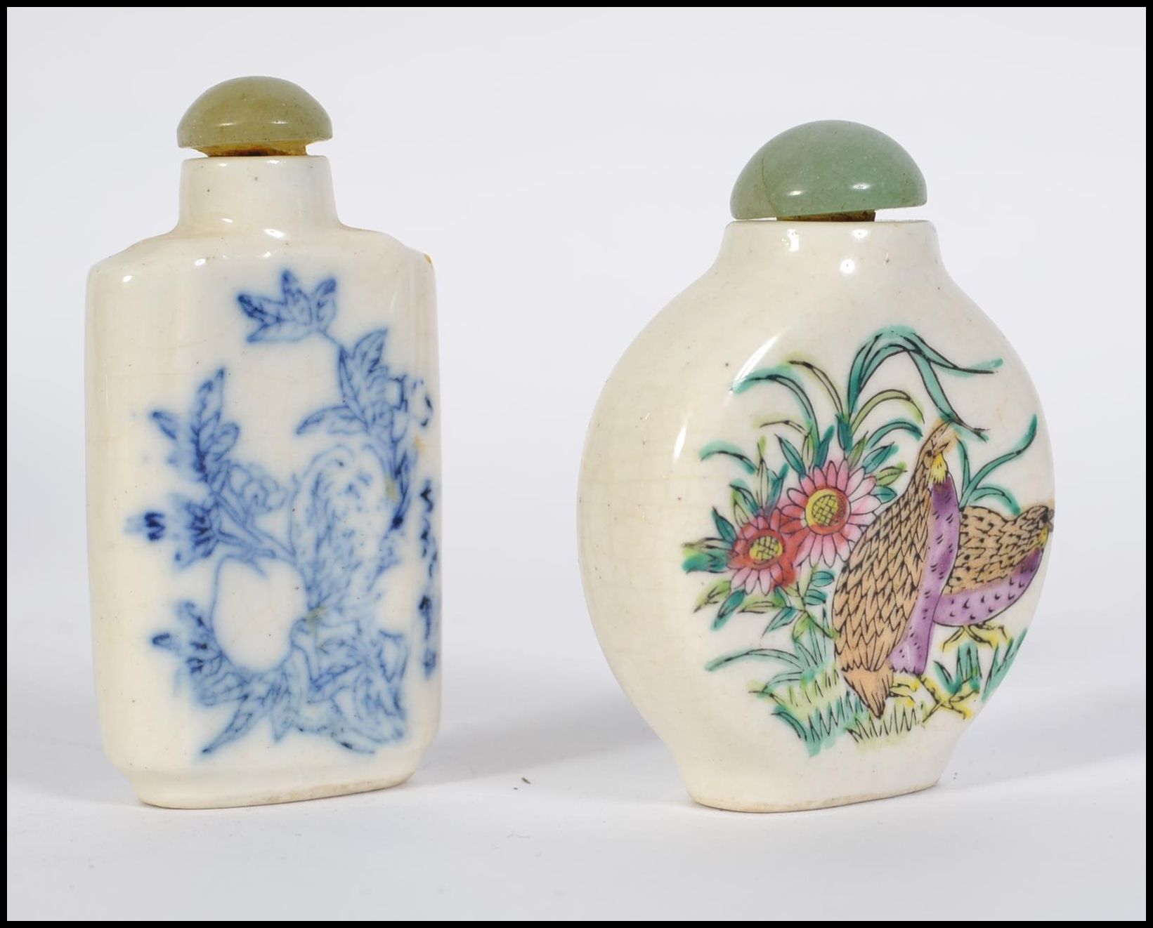 Two 20th century Chinese ceramic snuff bottles both with Jadite stoppers, - Image 2 of 4