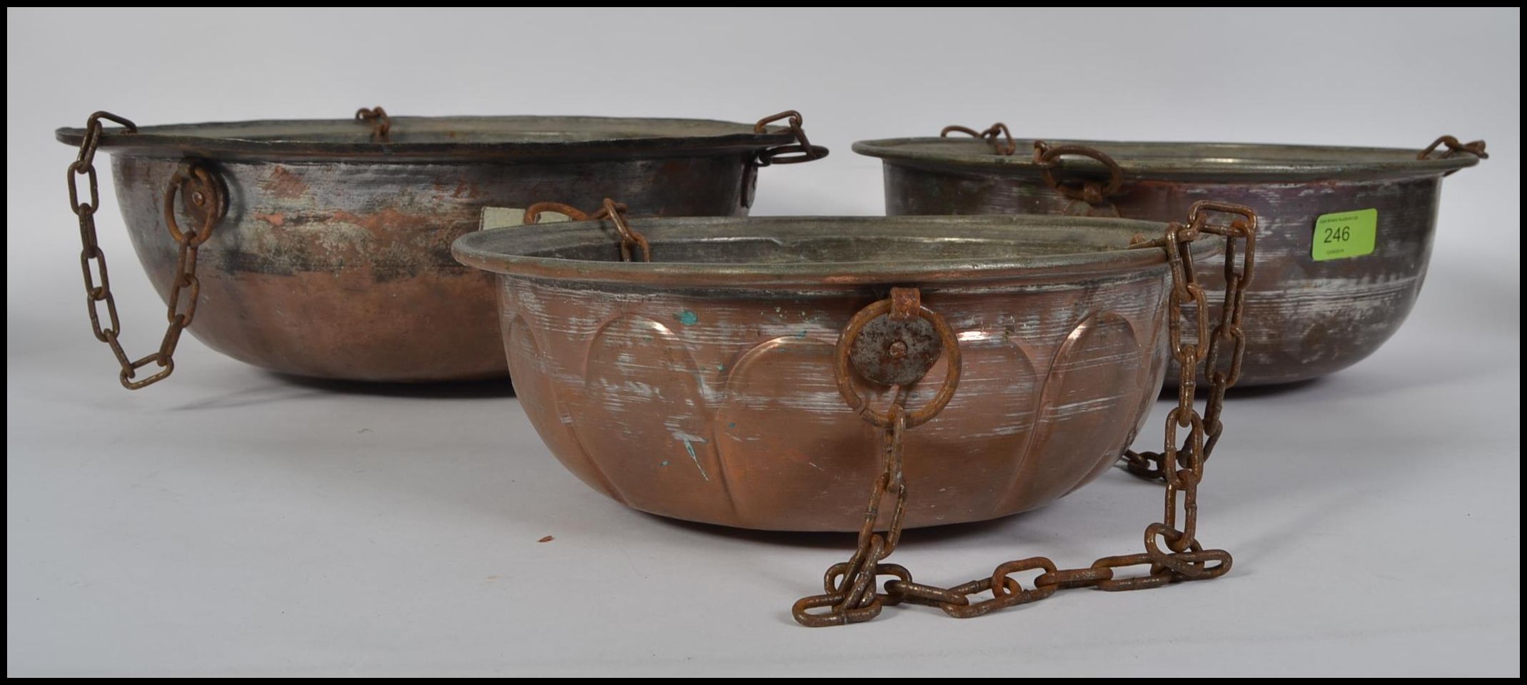 A set of 3 mid century garden hanging baskets with chains of copper construction, - Image 2 of 2