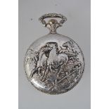 A silver plated hunter pocket watch of continental origin with horses design case in relief,