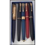 A collection of fountain pens to include 14ct gold nib Parker Junior with black case, Parker " 17 ",