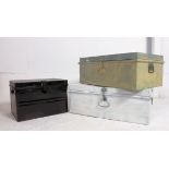 A collection of 3 vintage 20th century metal / tin trunks being black and white,