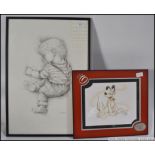 A framed and glazed pencil sketch of a baby together with a pencil and crayon Walt Disney painting