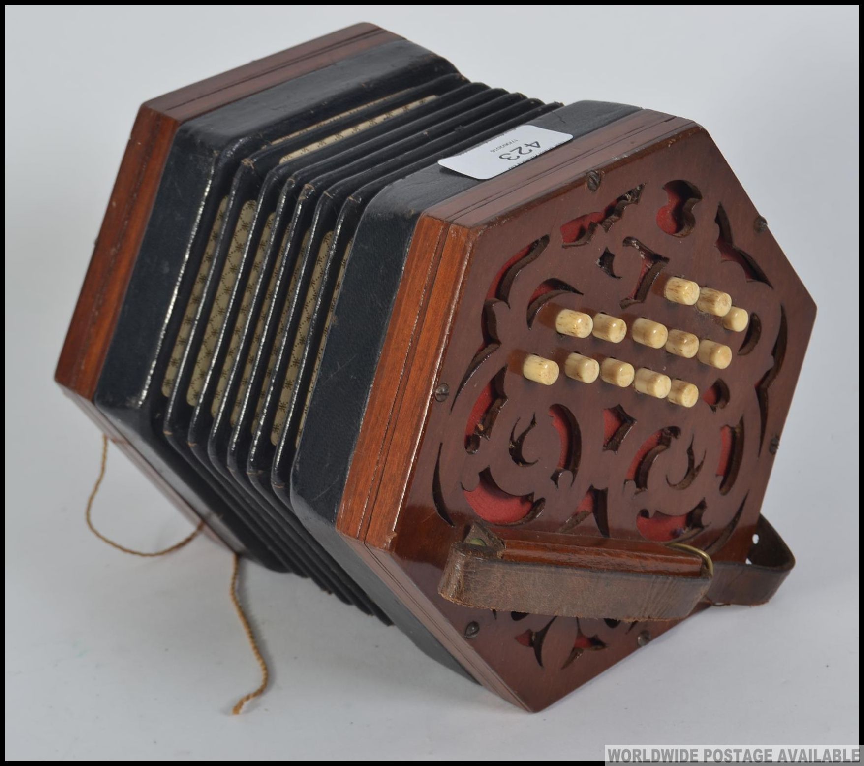 A Victorian mahogany squeeze box musical instrument. - Image 2 of 4