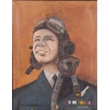 A 20th century oil on canvas study of a WWII pilot along with another framed and glazed picture.