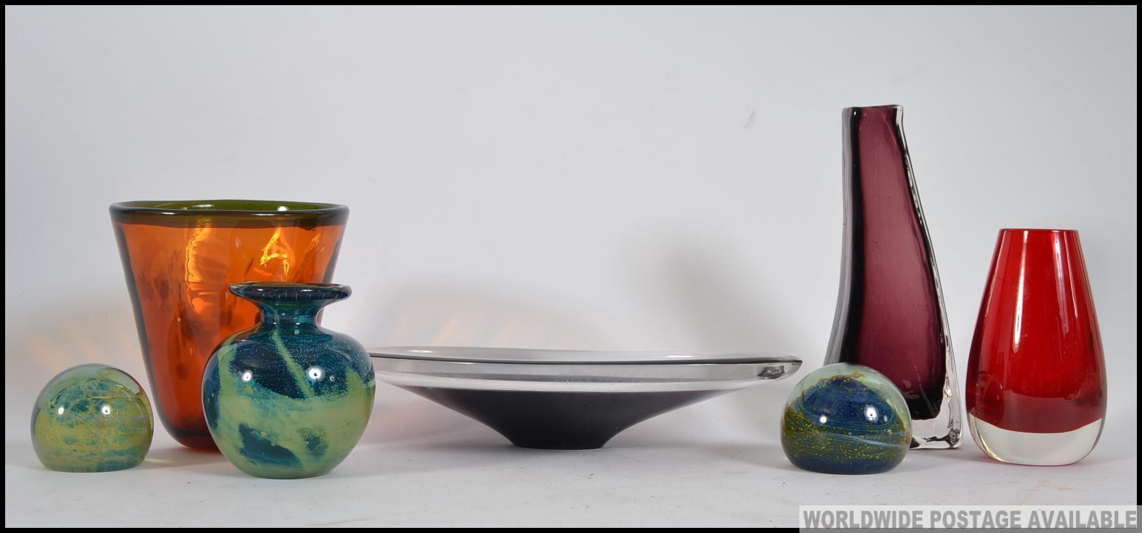 A Mdina paperweight x 2 together with another Mdina vase, Murano Sommerso and other art glass etc.