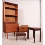 A retro 1970's teak upright cabinet together with vintage piano stool, teak side cabinet,