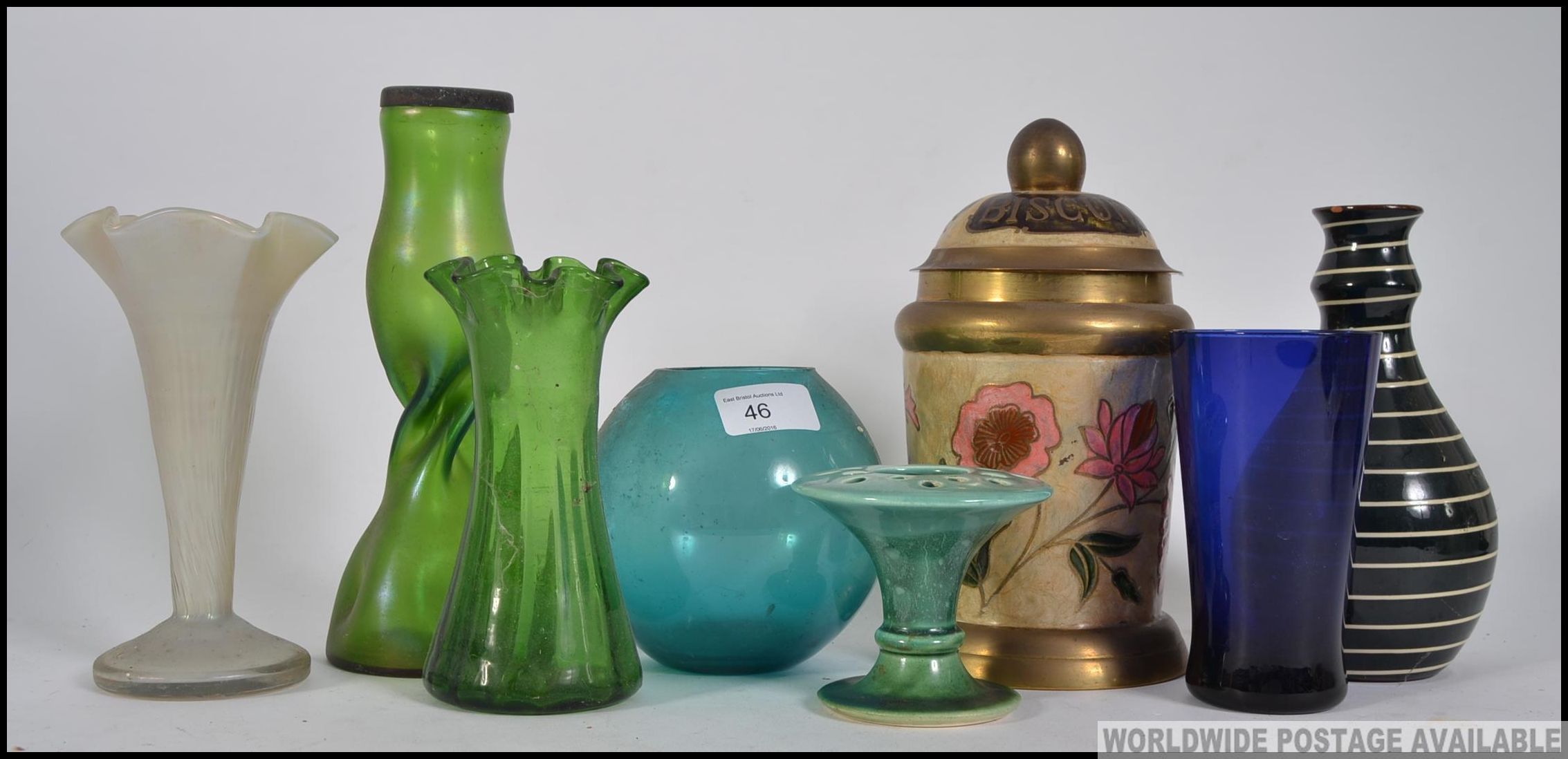 A collection of studio art glass vases together with a biscuit barrel and other studio ceramics etc.