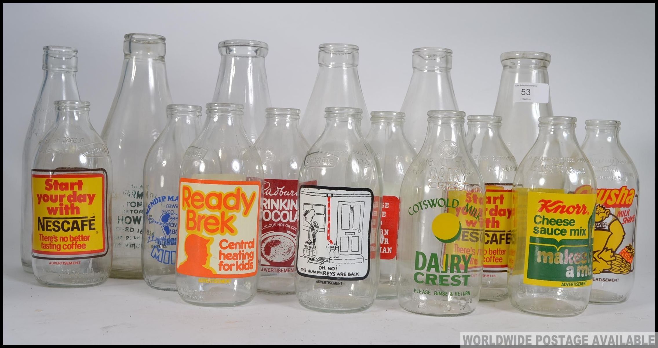 A collection of vintage advertising milk bottles dating from the 1970's to include Ready Brek,