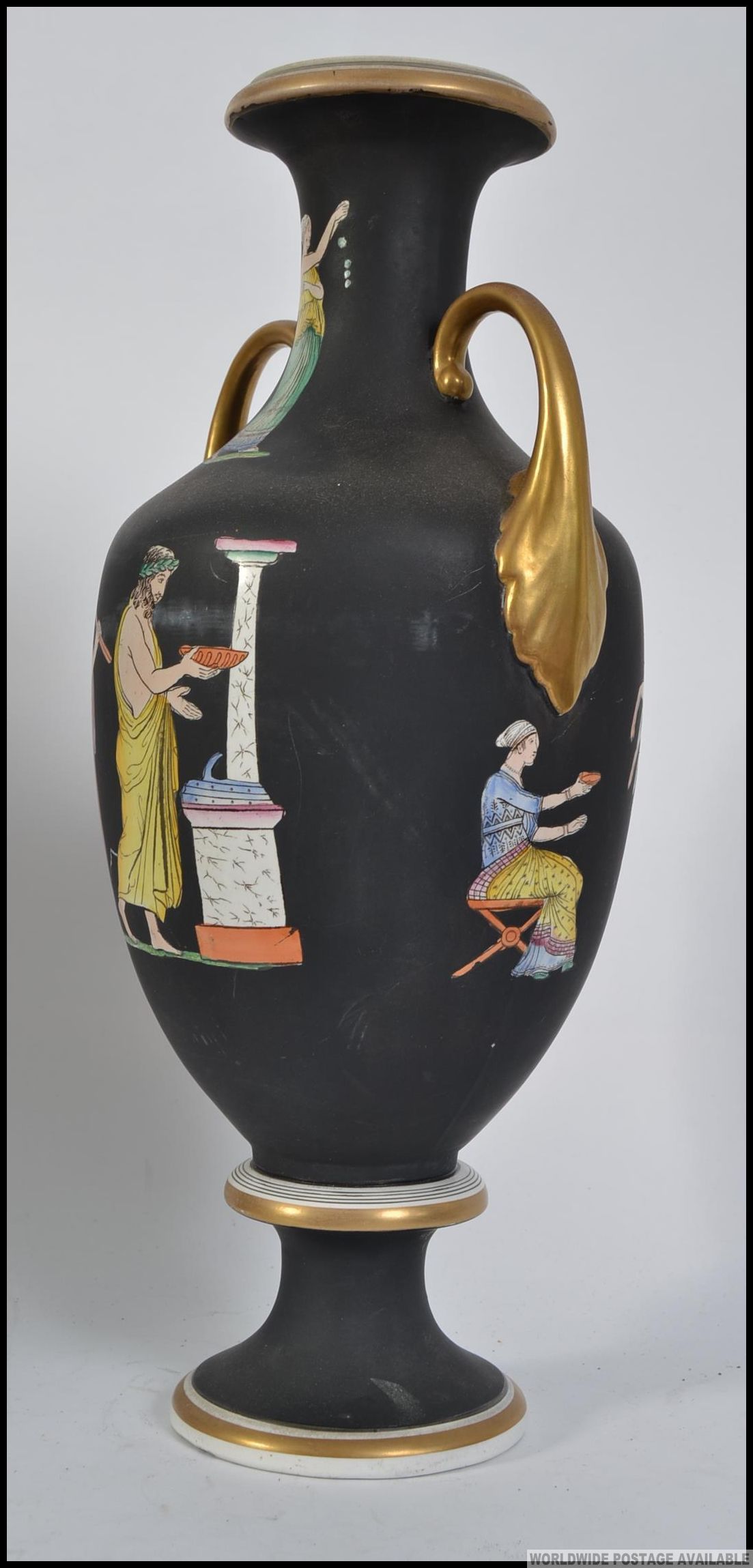 A Victorian terracotta twin handled amphora vase having black ground and transfer printed with - Image 4 of 5
