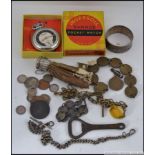 A mixed collection of artefacts, 2 fob chains 1 with large citrine ,