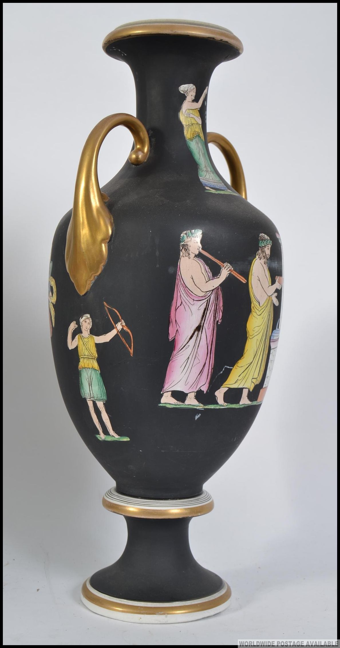 A Victorian terracotta twin handled amphora vase having black ground and transfer printed with - Image 3 of 5