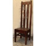 A pair of 20th century tall Renee Mackintosh hardwood inspired hall chairs / dining chairs having