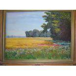 A large oil on canvas painting of a poppy field being signed with monogram for PR - Peter Roberts.