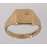 A 9ct gold hallmarked signet ring with foliate decoration and single star set diamond approx 2pts.