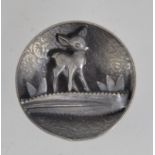 A vintage 1940's figural diorama pewter brooch pin of Bambi in the forest with foliate background