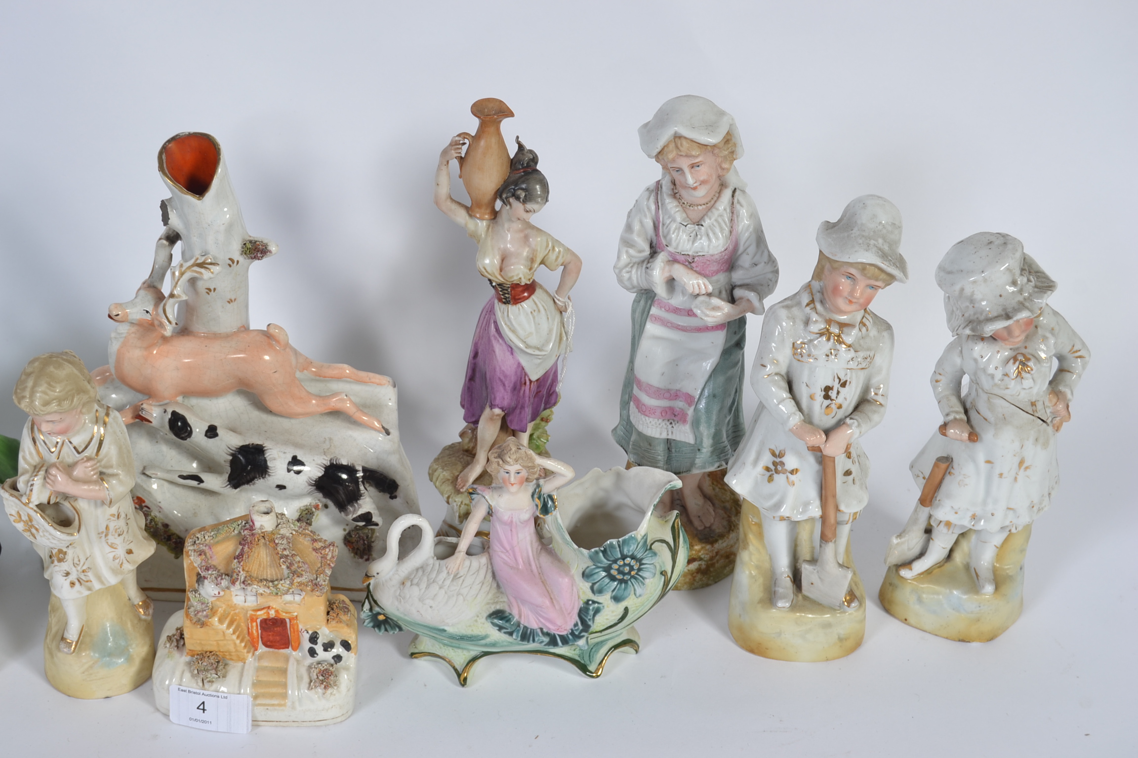 A collection of porcelain figurines to include Staffordshire flat backs , continental examples , - Image 3 of 3