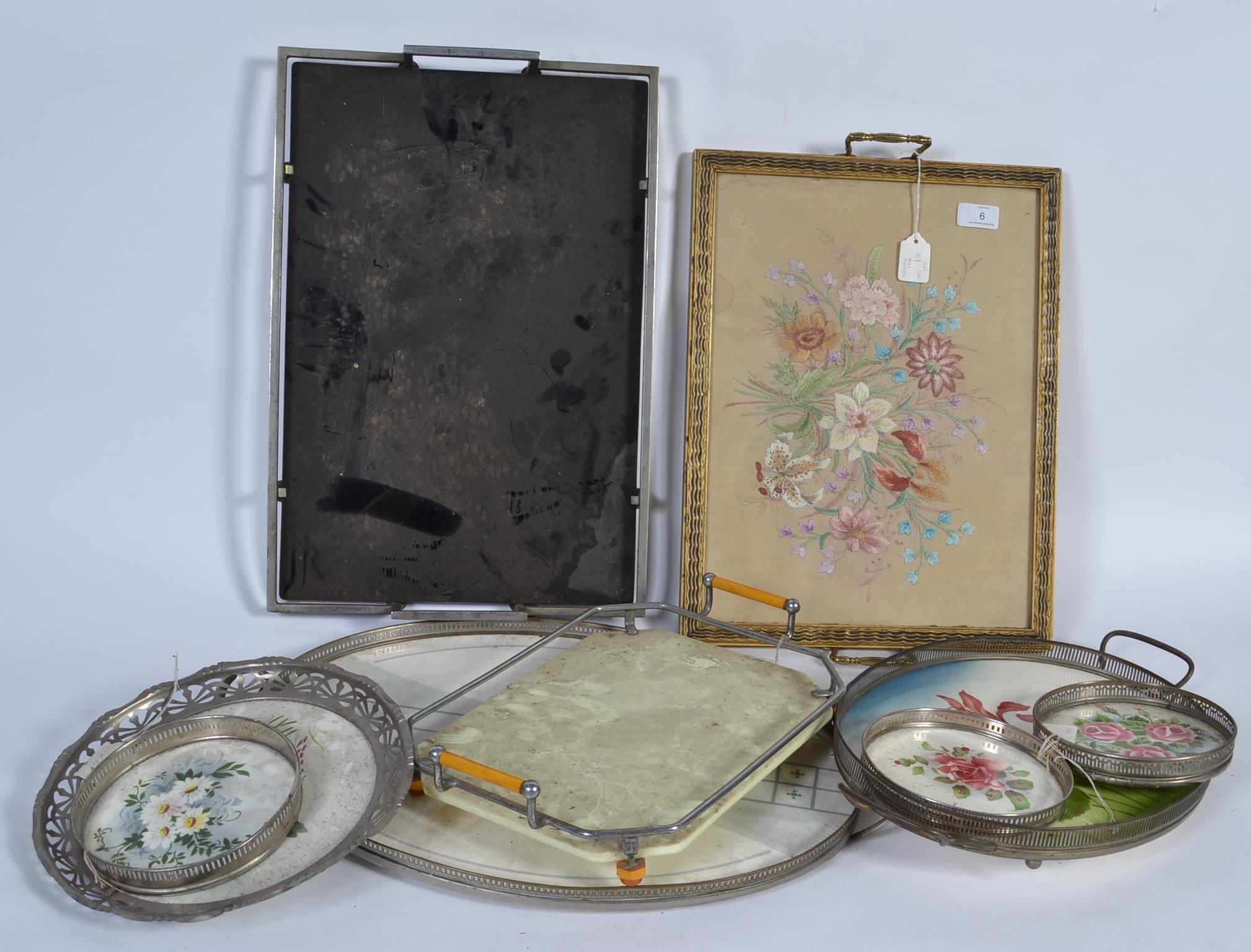 A collection of vintage serving trays and coasters to include Victorian tapestry examples and