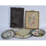 A collection of vintage serving trays and coasters to include Victorian tapestry examples and