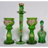 4 pieces of 20th Century Scandinavian style green studio art glass with painted decorations