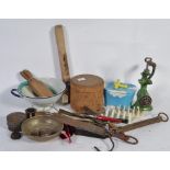 A collection of kitchenalia to include butter paddles , a cork kitchen storage jar , rolling pin ,