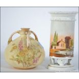 An Austrian squat 3 handled Ivory blush vase with floral sprays by GB&Co Austria.