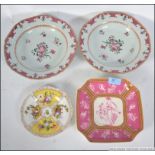 A 19th century Rockingham dish with pink panels together with 2 19th century Staffordshire bowls