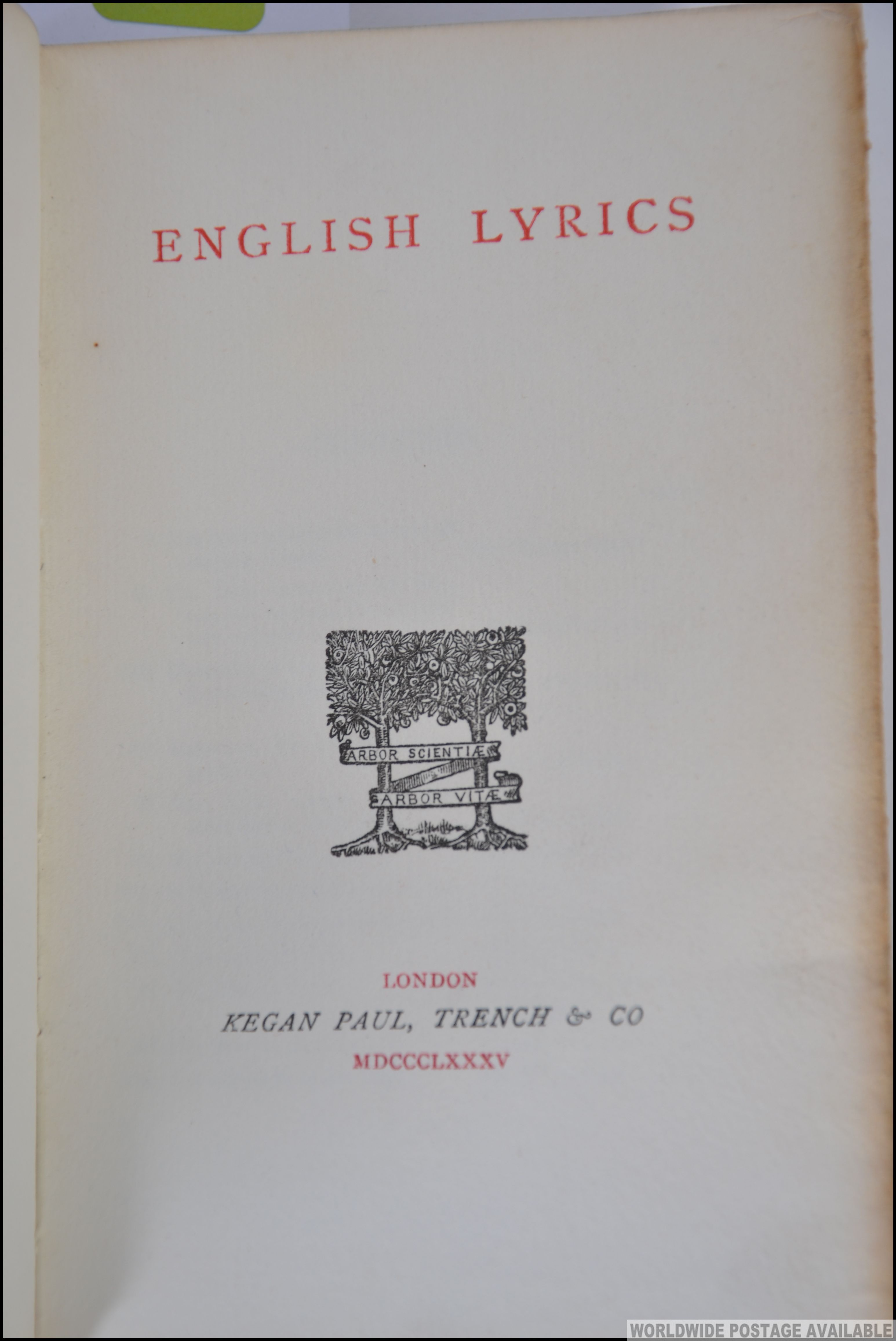 English Lyrics; 1885 Kegan Paul & Trench & Co. First Edition. - Image 3 of 3